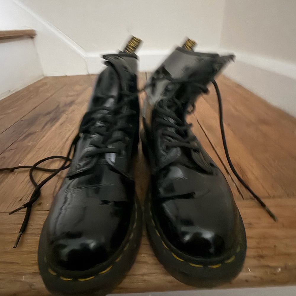 Dr. Martens Black Patent Lace-Up Boots with Yellow Stitching